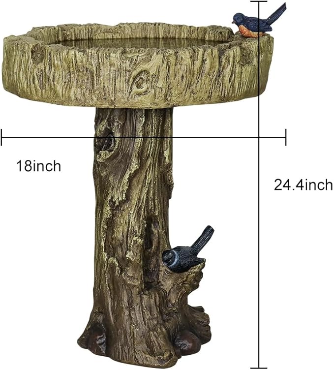 SunJet 24.4 Inch Heigh Wood-Look Concrete Bird Bath with Decorative Faux Bird – birdbath Rustic & Long-Lasting Design, Enhances Garden, Patio, Yard, Lawn Décor