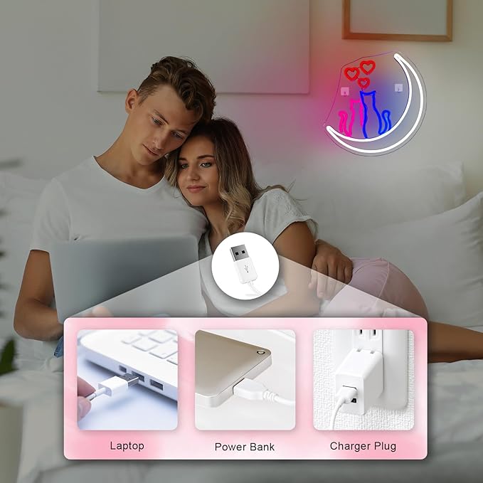 Two Cats on Moon Neon Sign,Cute Couple Kittys Neon Lights for Wall Decor,Kawaii Animal 3D LED Neon,USB Light Up Signs for Girls Bedroom Bar Home Party Valentine's Day Cat Lovers Weddings