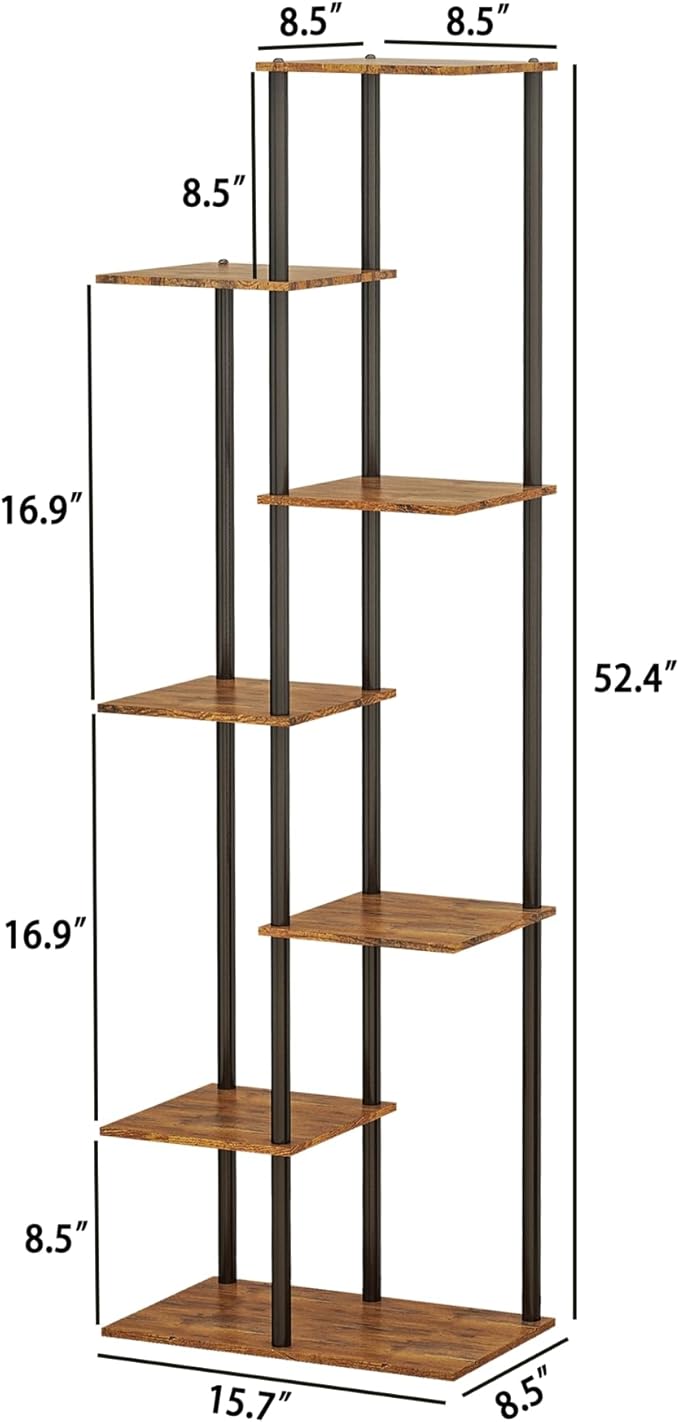 Plant Stand Indoor 7 Tier 8 Potted Metal Wood Plant Shelf, Multiple Flower Pots Corner Tall Plant Holder Stands for Living Room Balcony Bedroom, Rustic Brown