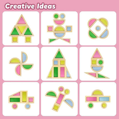 Wooden Rainbow Building Blocks for Kids 48 Pcs Wooden Blocks for Toddlers Rainbow Stacker Stacking Blocks Preschool Educational Toys -Geometry Blocks for Boys Girls