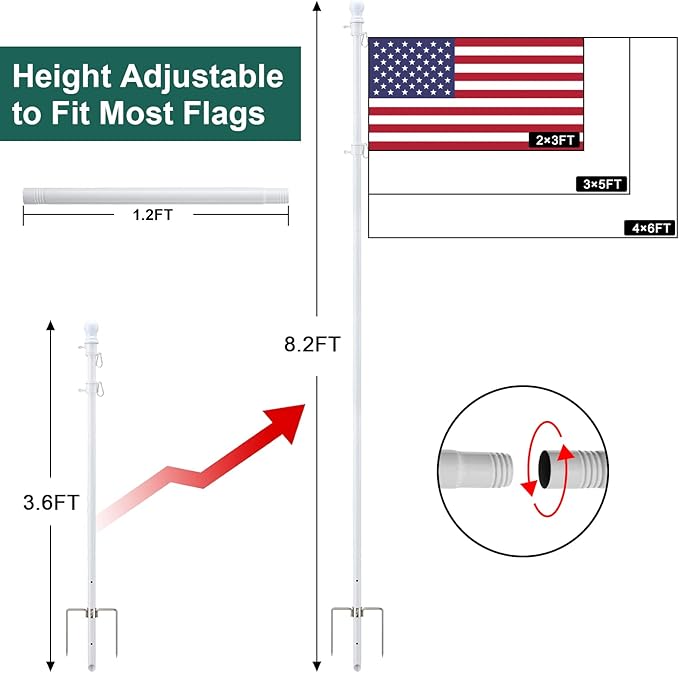 Yard Flag Pole for Outside Ground - 8.5 ft Tangle Free Heavy Duty Flag Pole Kit with 2 Anti-Tip Prong Base,Portable Inground Flag Holder with 3x5 American Flag for House Outdoor Campers,White