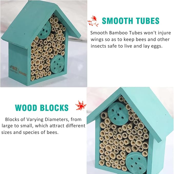 Mason Bee Houses Outdoor Wooden Blue Bee Hotel for Garden and Yard Hand-Made Bamboo Bee Hive for Bees Butterflies and Ladybugs, Medium Size 8"x7.5"x5"