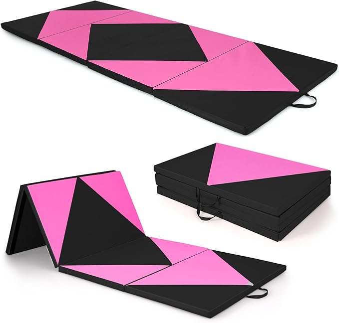 Giantex 4'x10'x 2" Gymnastics Mat, 4-Panel Folding Aerobics Exercise Mat w/Hook & Loop Fastener, Carrying Handle, Portable Tumbling Mat for Stretching Yoga Cheerleading Martial Arts