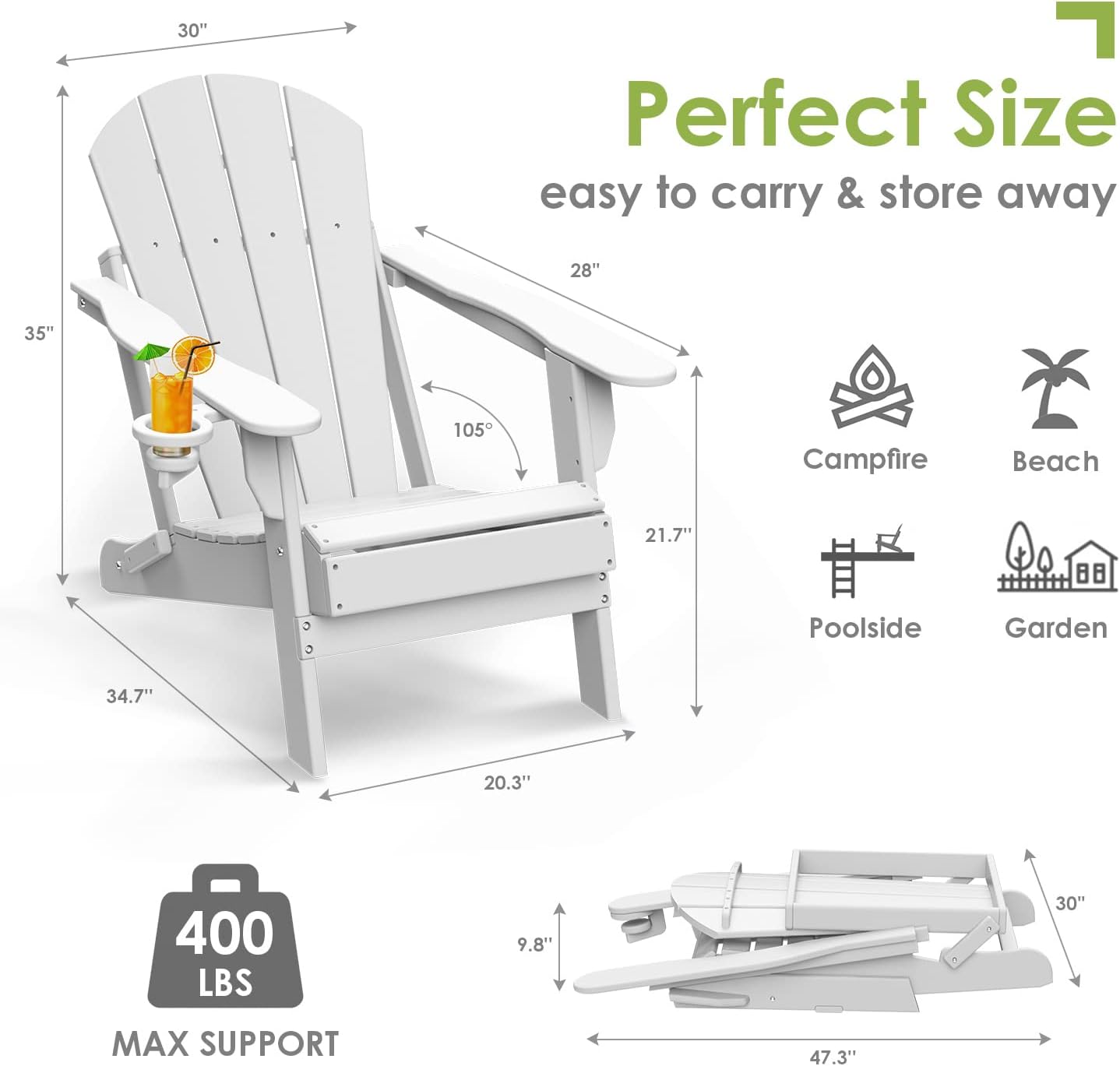 GREENVINES Folding-Adirondack-Chairs-Set-of-4 | HDPE Plastic | Fire Pit Chair | All Weather | Cup Holder | White | for Deck Backyard Patio Outdoor Garden