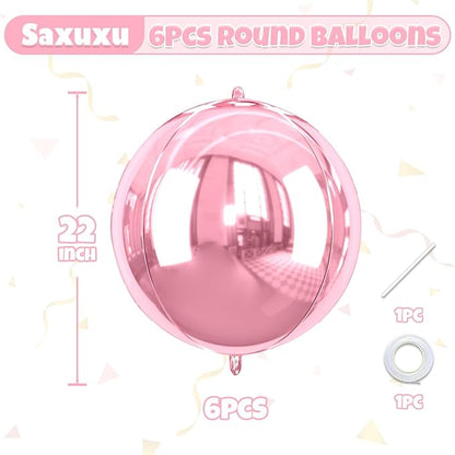 Giant 4D Pink Foil Balloons, 6Pcs Large Metallic Pink Round Balloons, 22 Inch Big Round Foil Balloon for Pink Birthday Party Baby Shower Wedding Decorations