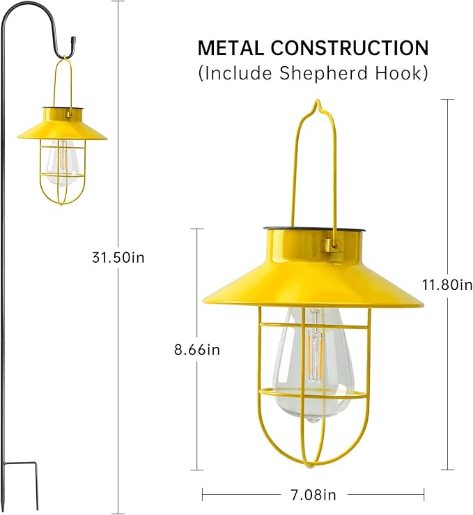 Solar Lights Lantern Lamp with Shepherd Hook, Solar Metal lanterns, outdoor lights decor, Water resistant Edison Bulb Lights for Garden ,outside decor for pathways,patio, lawn, or landscaping (Yellow)