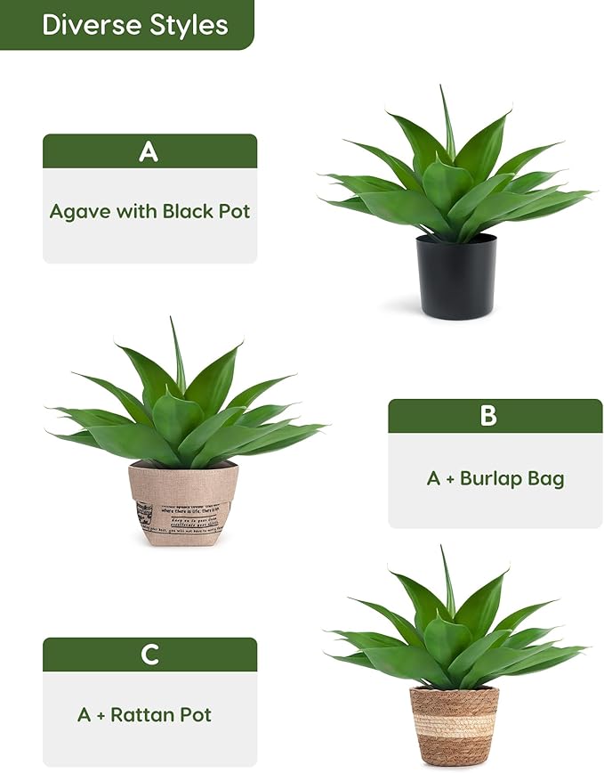 Velener Fake Agave with Rattan Pot, Artificial Plant Outdoor Agave - Fake Sucuulents Plants for Indoor and Outdoor Decor(16 Inch)
