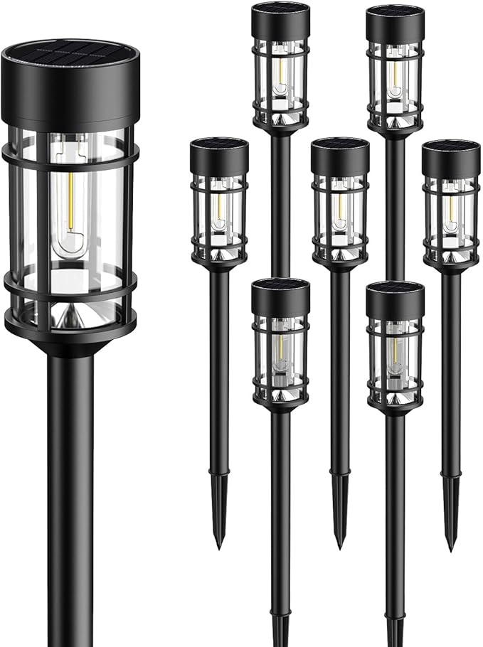 8 Pack Solar Pathway Lights Outdoor, Waterproof Solar Lights Outdoor with Metal & Glass Design - Auto On/Off, Long-Lasting, Landscape Lighting for Garden, Yard, Lawn, Driveway, Walkway