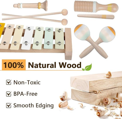 Baby Musical Instruments-Montessori Wooden Toys for Toddlers 1-3,Neutral Colors Percussion Instruments Set with Modern Boho Xylophone for Kids Preschool Educational 3+
