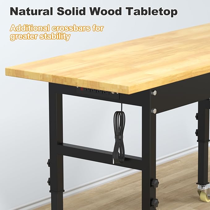 60"x24" Adjustable Workbench with Wheels, Solid Wood Top Work Bench, 2000 LBS Heavy-Duty Worktable with Power Outlets, Portable Work Station for Repair Shop, Workshop, Office