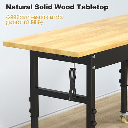 60"x24" Adjustable Workbench with Wheels, Solid Wood Top Work Bench, 2000 LBS Heavy-Duty Worktable with Power Outlets, Portable Work Station for Repair Shop, Workshop, Office