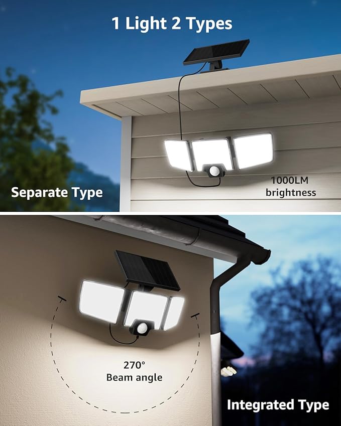 Lepro Solar Security Lights - Outdoor Motion Sensor, 2 in 1 Remote Control, IP65 Waterproof, 2 Light Modes, 3 Head Solar Floodlight for Garden, Yard, Garage