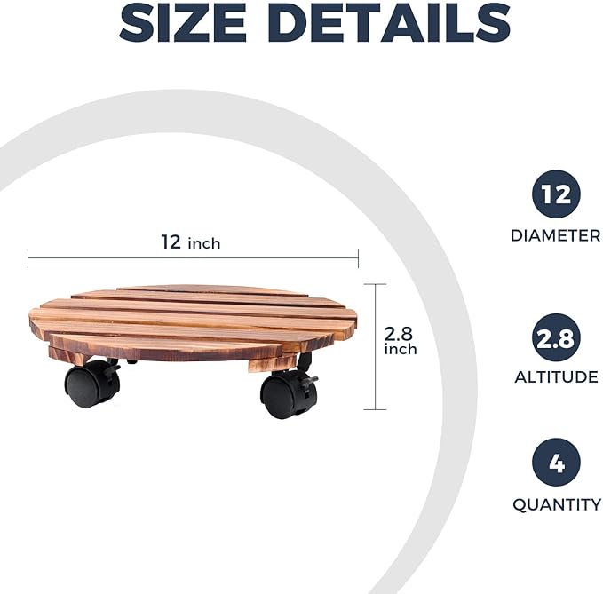 Bamworld Plant Stand with Wheels Plant Caddy Outdoor 4 Pack 12in Rolling Planter Caddy with Swiveling and Lockable Caster for Indoor Patio Plant Dolly Wood Wheeled Mobile Roller