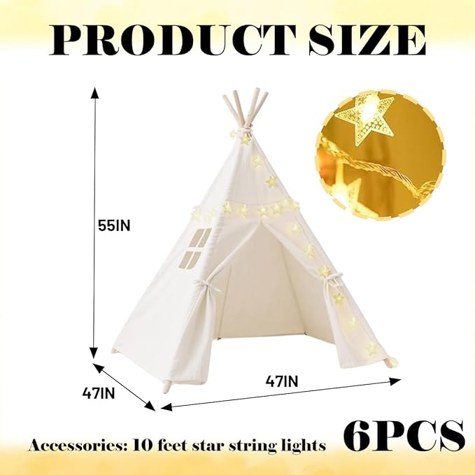 6 Pack Teepee Tent for Kids,Collapsible Kids Teepee Tent with 10 Ft String Lights,White Kid Teepee Boys Girls Indoor Outdoor Slumber Party Sleepover Party
