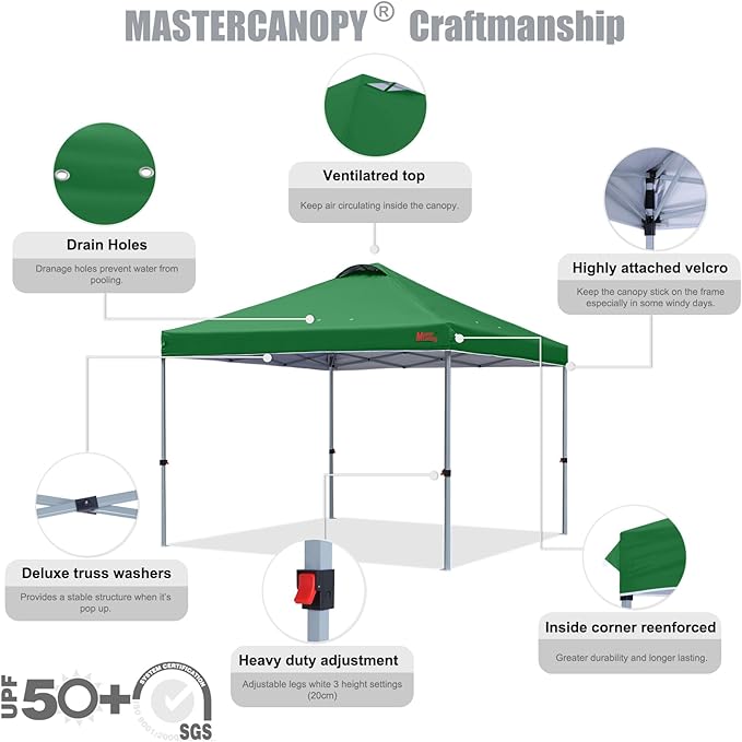 MASTERCANOPY Durable Pop-up Canopy Tent with Roller Bag (10x10, Forest Green)