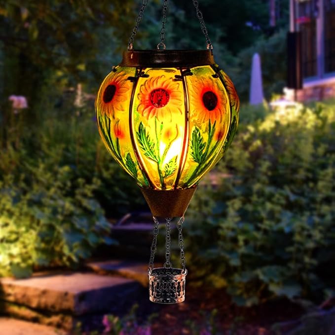 Starsoul Sunflower Hot Air Balloon Solar Lantern - Glass Outdoor Flickering Flame Light, Waterproof Hanging Lamp for Garden, Patio, Yard, Party Decor