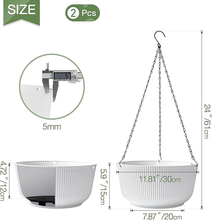 T4U 12 Inch Large Hanging Planters for Outdoor Plants, 2 Pack Self Watering Hanging Pots Indoor, Hanging Baskets for Plants,Hanging Flower Pot with Drainage Hole and Plant Hanger, White
