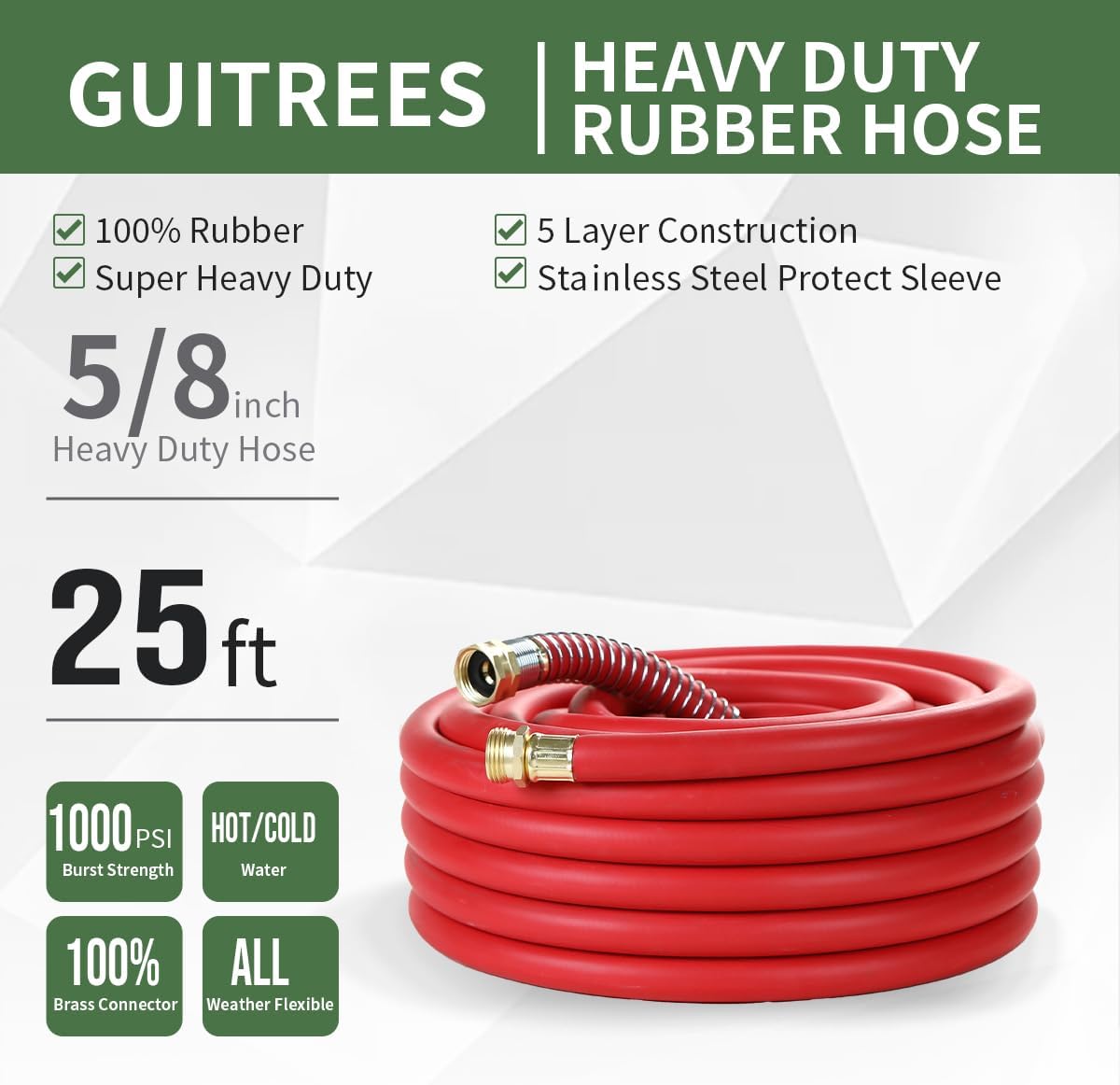 25FT 5/8 Heavy Duty Rubber Garden Hose - 200psi Working, 1000psi Burst - Hot/Cold Water - Five-Layered Braiding for Durability - Versatile for Gardening, Agriculture, Construction(Red)