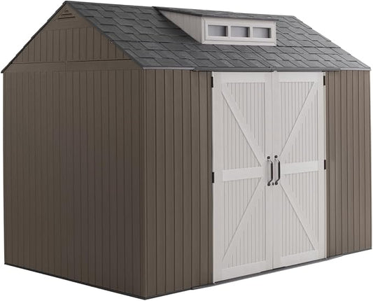 Rubbermaid Extra Large Resin Outdoor Storage Shed With Floor (7 x 10.5 Ft.) Weather Resistant Brown Organization for Home/Lawn Mower/Backyard Equipment/Bike Storage/Pool Supplies