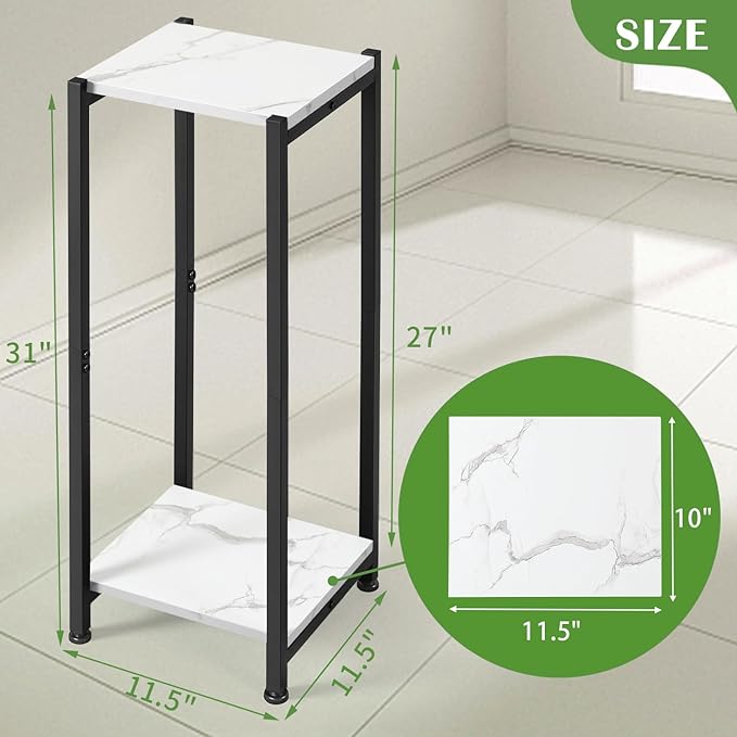 Tall Plant Stand Indoor,31 Inch Plant Stands,2 Tier Metal Plant Stand with Heavy Duty Wood,Marble White and Black