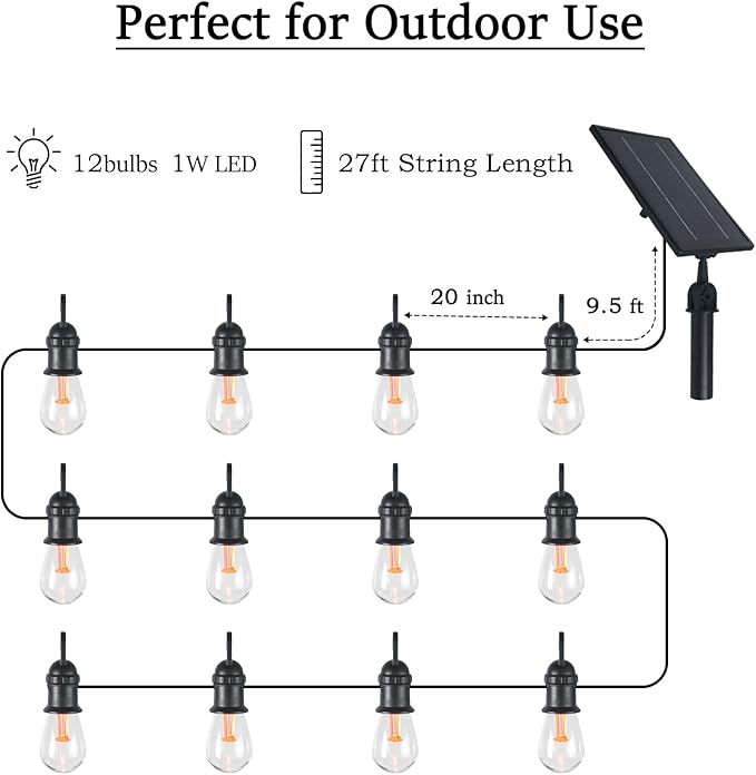 Luwint 27ft Solar String Lights - 12 Bulbs, Waterproof Fairy Hanging Lights for Outdoor Patio, Garden, Yard, and Deck Decoration - Solar Powered LED Lights