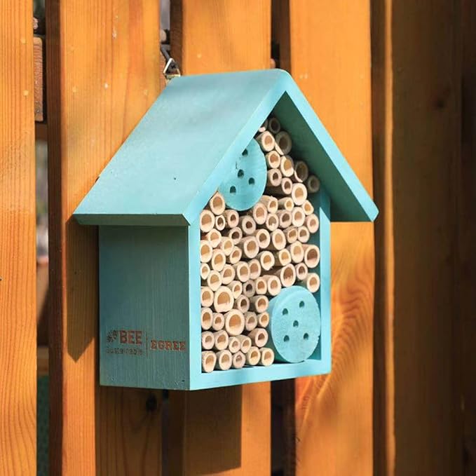 Mason Bee Houses Outdoor Wooden Blue Bee Hotel for Garden and Yard Hand-Made Bamboo Bee Hive for Bees Butterflies and Ladybugs, Medium Size 8"x7.5"x5"