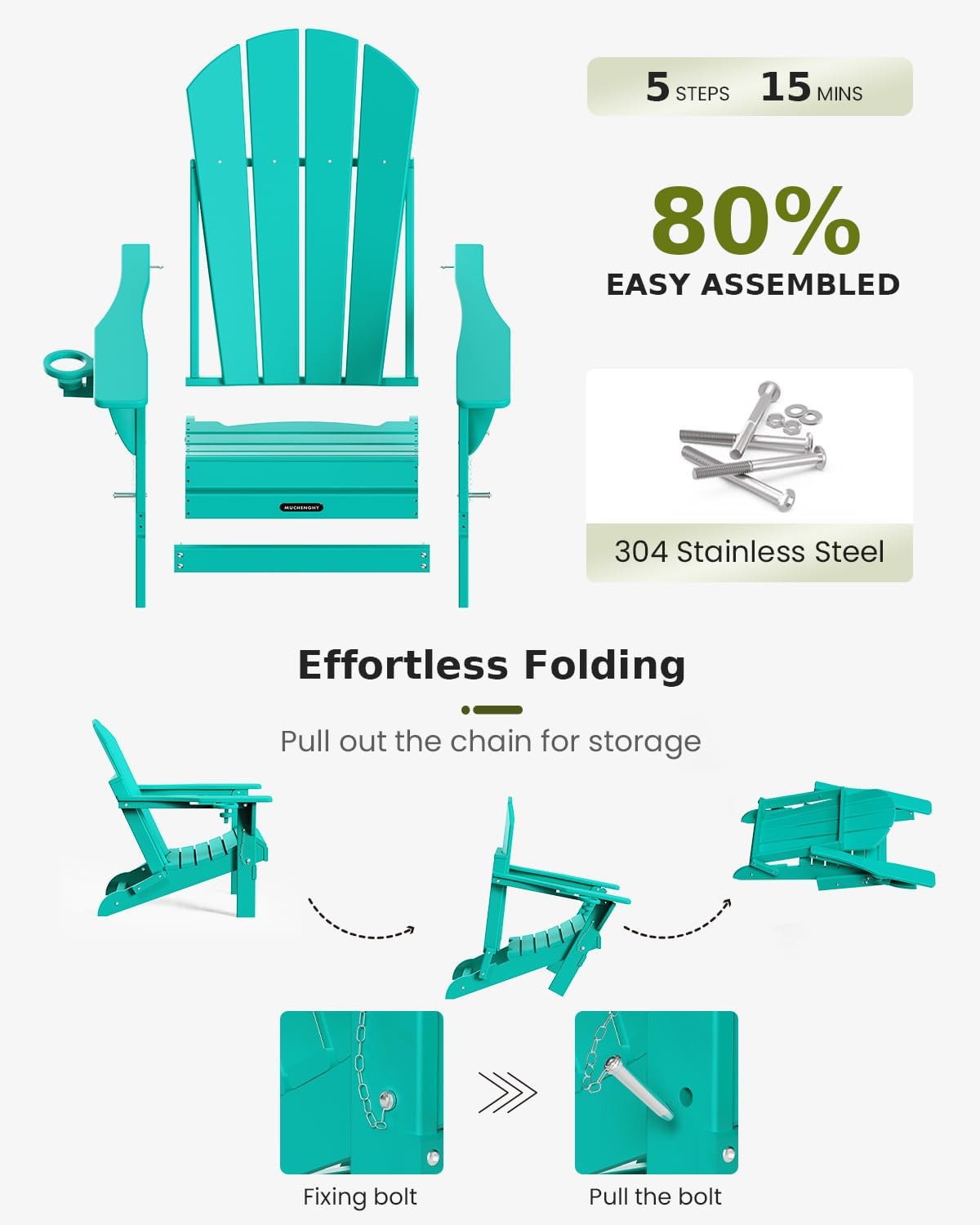 MUCHENGHY Folding Adirondack Chairs 6 Pack, Patio Chairs, Outdoor Chairs, Adirondack Chair Plastic, Fire Pit Chairs, Weather Resistant with Cup Holder for Deck, Backyard, Garden(Lake Blue)