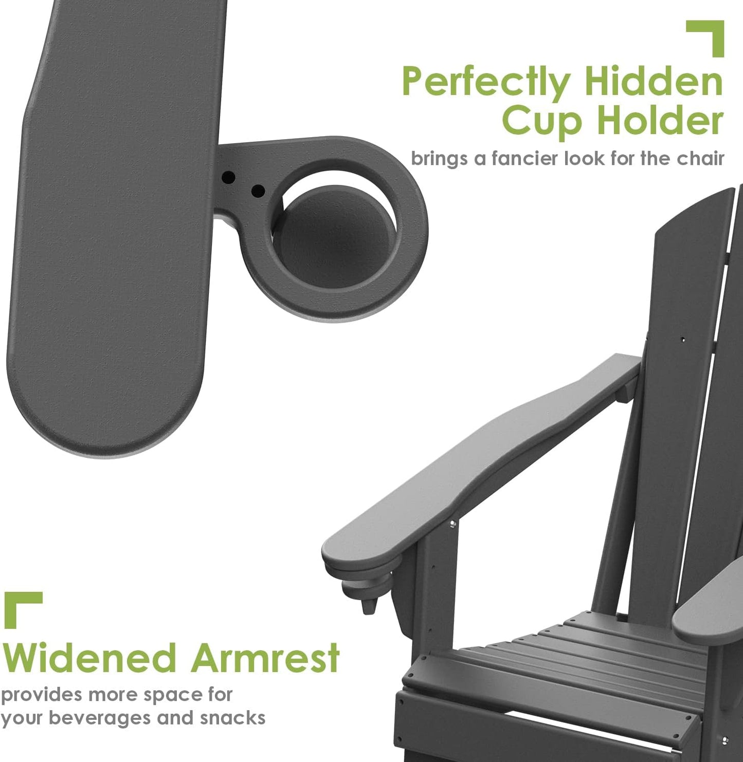 GREENVINES Folding-Adirondack-Chairs-Set-of-4 | HDPE Plastic | Fire Pit Chair | All Weather | Cup Holder | Grey | for Deck Backyard Patio Outdoor Garden