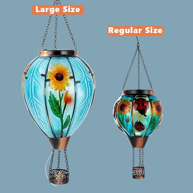 Starsoul Large Solar Hot Air Balloon Lantern with Flame Sunflower Glass Hanging Outdoor Hot Air Balloon Solar Light Waterproof Garden Patio Yard Party Decorations