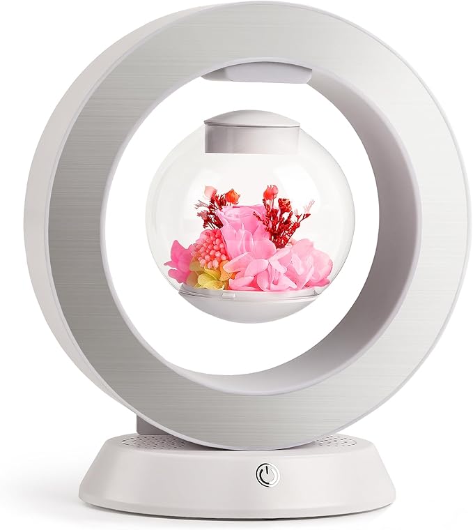 LoveLin Magnetic Levitation Circle Table Lamp with Bluetooth Speaker,5W Led Night Light,Three Variable Color,Automatic Rotating Preserved Flowers Creative Gifts Home Office Ornament Rotundity Layout