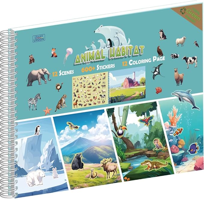600+ Animal Habitat Stickers & 12 Habitat Scenes & 12 Coloring Pages Spiral Book for Kids Ages 12+ Innovative Car/Plane Activities | Develop Imagination & Creativity Design for Fun & Learning