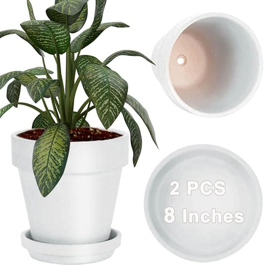 vensovo 8 Inch White Clay & Terracotta Pots for Plant with Saucer - 2 Pack Large Ceramic Terra Cotta Planter with Drainage Hole, Clay Flower Pot with Tray for Indoor Outdoor Plants
