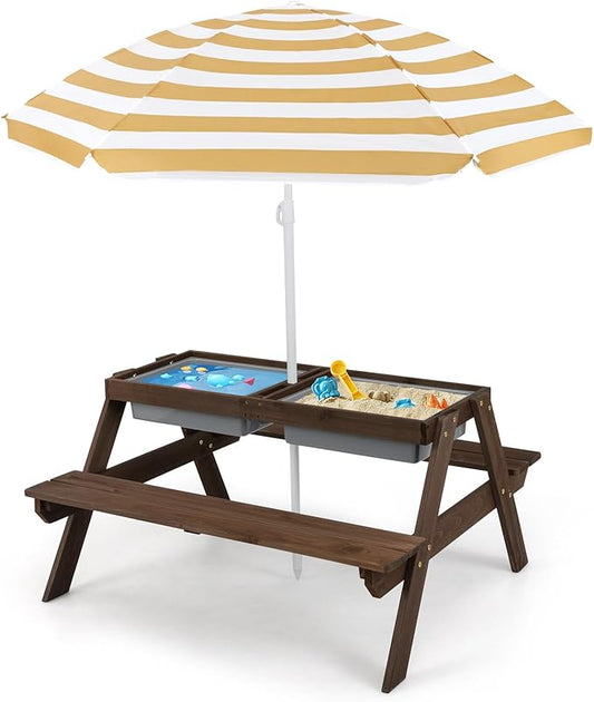 Costzon Kids Picnic Table with Sensory Bins, 4 in 1 Sand and Water Table with Height Adjustable Umbrella, Removable Tabletop for Outdoor Backyard Patio Play