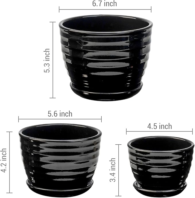 MyGift Modern Ribbed Black Ceramic Small Planters for Houseplant Flower Succulent Herb, Indoor Home Garden Plant Pot with Drainage Hole and Attached Saucer, Set of 3