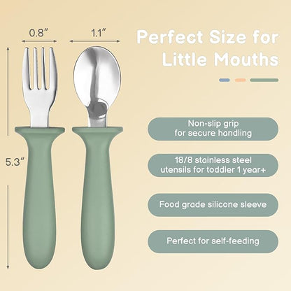 6 Pack Toddler Utensils, kids Silverware with Silicone Handle, 18/8 Stainless Steel Children Safe Spoons and Forks Set Baby Feeding Essentials, Dishwasher Safe