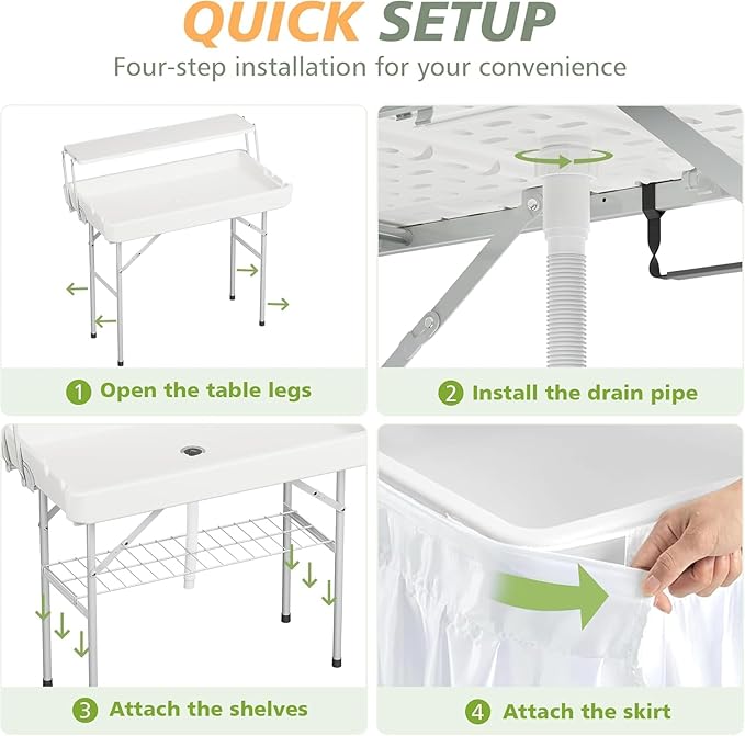Outdoor Ice Cooler Folding Table with Extra Storage Shelf,Ice Tables for Parties with Drain,Cooler Server for Camping, Picnic, Wedding, BBQ, White