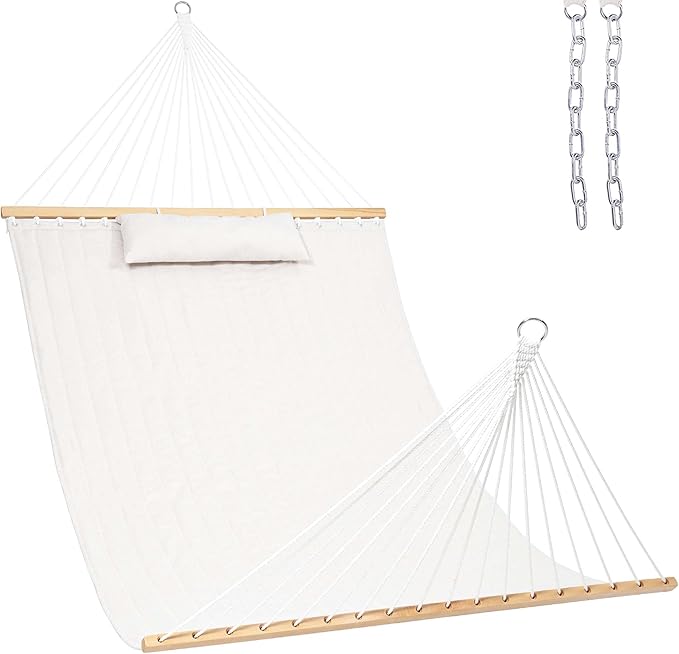 Lazy Daze 12 FT Sunbrella Quilted Double Hammock with Hardwood Spreader Bar, 450 lbs Capacity, Cream