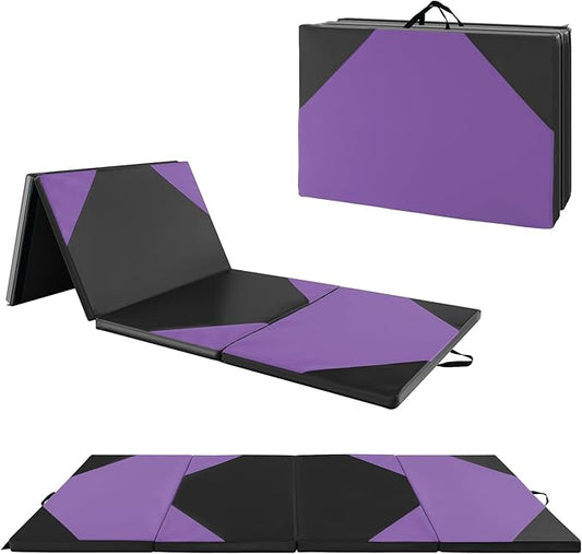 Giantex 4'x10'x 2" Gymnastics Mat, 4-Panel Folding Aerobics Exercise Mat w/Hook & Loop Fastener, Carrying Handle, Portable Tumbling Mat for Stretching Yoga Cheerleading Martial Arts