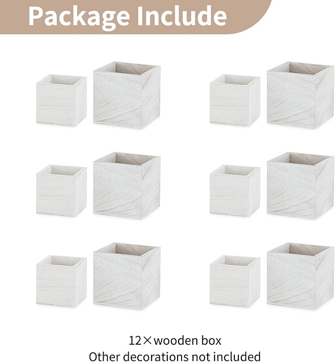 NUPTIO Wooden Box for Centerpiece Wedding: 12 Pcs Rustic Square Planter Box Farmhouse Table Fall Decor - 4×4" & 5×5" Whitewashed Small Wood Vases Flower Pots for Windowsill Home Garden