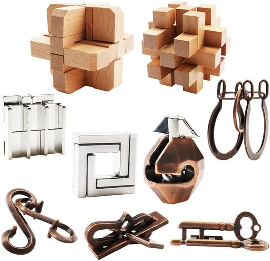 9PCS Brain Teaser Puzzles for Adults, Mind Puzzle Ancient Wooden and Metal Puzzles 3D Unlock Interlock IQ Education Puzzle Box Game for Adults