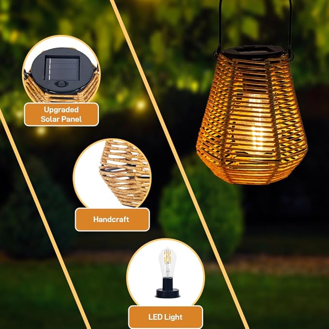 Solar Lanterns Outdoor Waterproof,Solar Lights for Outside Hanging Lights Outdoor Rattan Lantern Decoration for Garden, 2 Pack