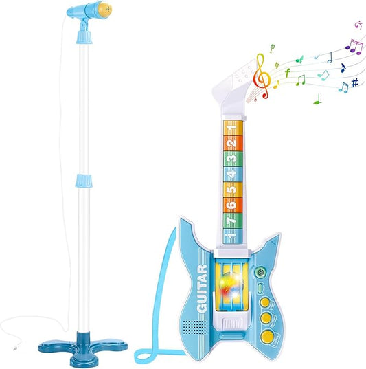 deAO Kids Guitar and Microphone Set with Stand Adjustable Height Music Light Karaoke Music Toys Christmas Birthday Gift for Kids Boys Girls (Blue)