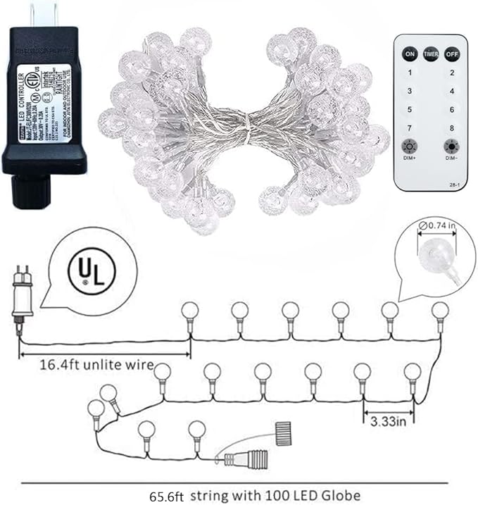 Globe String Lights 65.6 Feet 150 LED, Plug in Crystal Fairy String Lights with Remote Timer, 8 Modes Indoor Outdoor Hanging Globe Lights for Wedding Bedroom Classroom Patio Garden