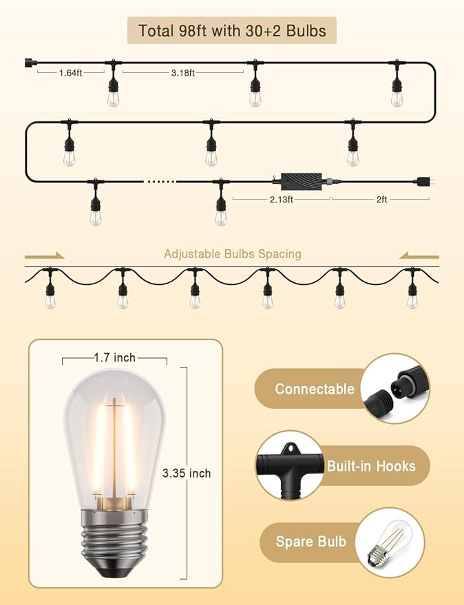 XMCOSY+ Smart Outdoor String Lights, 98Ft LED Patio Lights Waterproof IP65, App Control, Compatible with Alexa, Dimmable Edison Bulbs Outdoor Light for Yard Porch Bistro Outside