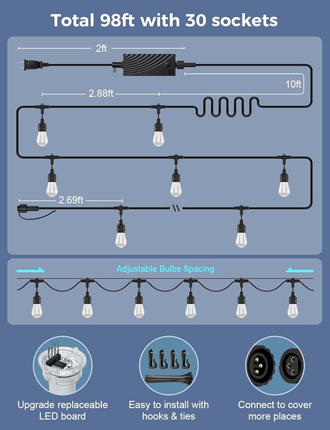 XMCOSY+ Smart Outdoor String Lights, 98Ft Patio Lights Waterproof, App Control, Compatible with Alexa, RGBCWIC Color Changing LED String Light for Outside