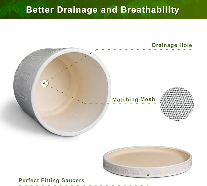 Ceramic Planter Pot - 10 Inch Plant Pot for Indoor Outdoor Plants Round Large Flower Pot with Drainage Holes and Saucer for Home Garden Patio Decor White