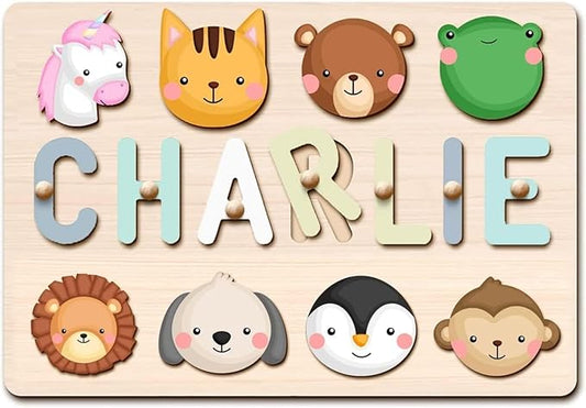 Personalized Name Puzzle for Kids Engraved Text Greetings on Back Custom Wooden Name Signs with Pegs for Baby Boy & Girl 1 Year Old Nursery Gifts Educational Toys Toddler Puzzles for Newborn