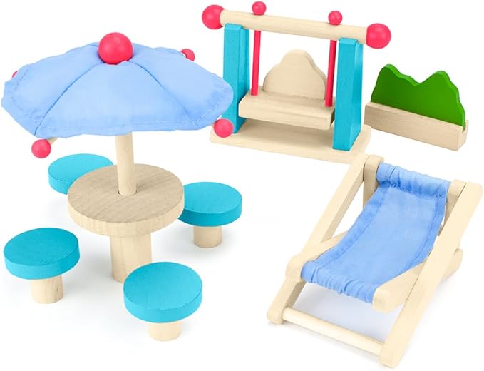 Wooden Dollhouse Furniture|Made of Safe Wood and Bright Water-Based Paint|Compatible with Most Doll Houses|Outdoor Patio