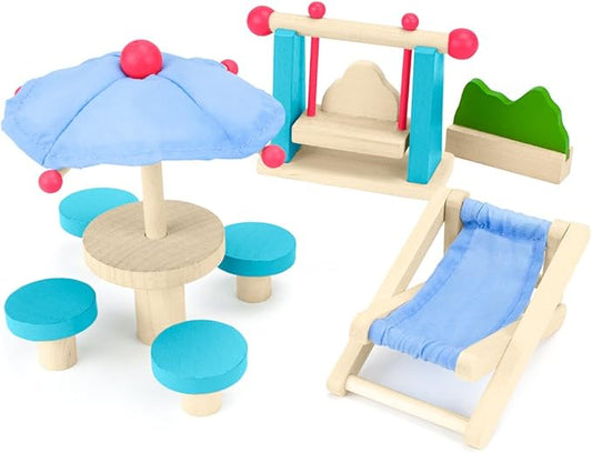 Wooden Dollhouse Furniture|Made of Safe Wood and Bright Water-Based Paint|Compatible with Most Doll Houses|Outdoor Patio