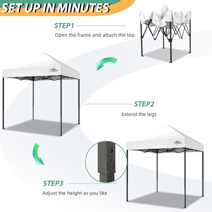 COBIZI 6.6x6.6ft Pop Up Canopy Tent, Heavy Duty Canopy Easy Set up All Weather Waterproof Outdoor Canopy Tent for Parties, Beach, Garden, Camping with 1 Handbag, 3 Adjustable Heights, UPF50+, White